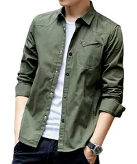 [レンロック] シャツ メンズ 長袖 カジュアル コットン 無地 スナップボタン 綿100 春秋 (XL, カーキ) [カーキ] [XL]