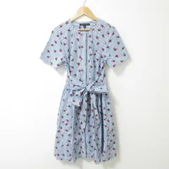 美品 Brooks Brothers ブルックスブラザーズ フラワー×ストライプ柄 ウエストリボン 半袖 ひざ丈 フレア シャツワンピース 4 ブルー系 レディース 古着 中古 USED