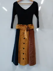 ピD121●CECIL McBEE●セシルマクビー●トレンチ風ロングワンピース●ニット●スウェード調ベルト付●レディース●sizeM●マスタード×紺×茶