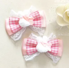 ヘアクリップリボン ピンク ギンガムチェック レース 量産型 ふわふわ うさぎ 白 地雷 ロリィタ ロリータ ゴスロリ アイドル サブカル 天使界隈 推し 姫系 イベント ヘアメ