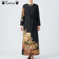 ❦Kaena❦　着物リメイク　ワンピース　ロング　マキシ　ドレス　黒留袖　Aライン　ベルト紐　後ろボタン　結婚式　入学式　卒業式　パーティー　オケージョン　ブラック　フォーマル　ステージ衣装　お呼ばれ　セレモニー　正絹