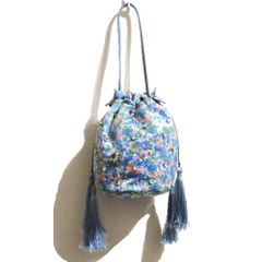 美品 TSURU by Mariko Oikawa ツルバイマリコオイカワ リバティ 巾着バッグ ビジュー ハンドバッグ ブルー レディース 古着 中古 USED