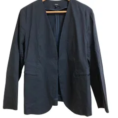 美品 23SS Theory セオリー Eco Crunch Wash LINDRAYIA B UL リネン ノーカラージャケット 01-3104113 大きいサイズ 10 ネイビー レディース 古着 中古 USED