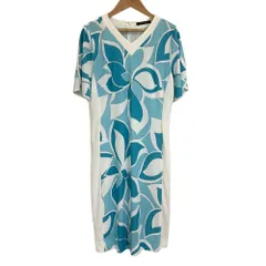 美品 pierre cardin ピエールカルダン フラワープリント 半袖 Vネック ひざ丈 ワンピース 40 ホワイト×ブルー レディース 古着 中古 USED