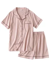 [レンロック] 前開き パジャマ レディース 夏 半袖 綿100% ショートパンツ ルームウェア 上下セット 春 秋 薄手 通気 吸汗 大きいサイズ おうち時間 短パン ゆったり (JP, アルファベット, L, ピンク) [ピンク] [L]
