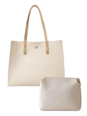 [レンロック] トートバッグ レディース 合皮 A4対応 手提げ 通勤 通学 大容量 軽量 撥水 PUレザー 自立 マザーズバッグ シンプル おしゃれ 黒 白 横型 サブバッグ付 底鋲 (ベージュヨコ) [ベージュヨコ]