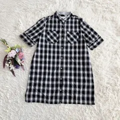 『JEANASiS』ジーナシス　シャツワンピース　チュニック　羽織　ミニ　半袖　五分袖　チェック　バンドカラー　ノーカラー　パッチポケット　黒(XL)のサムネイル