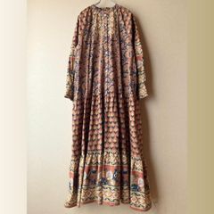 着物リメイク 大島紬花柄ワンピース 2WAY ウエストギャザー ゆったり L