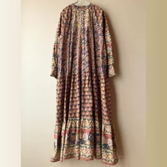 インド綿 ブロックプリント柄 ロングシャツワンピース ブラウン エスニック