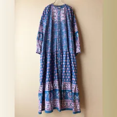 インド綿 ブロックプリント柄 ロングシャツワンピース ブルー エスニック