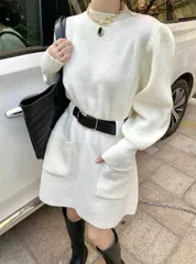 韓国 ベルト付き  ニットワンピース ポケット付きレディース服おしゃれ 長袖秋冬