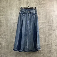 【T-514】デニムロングスカート ブルー 切替デザイン フレアスカート レディース M相当 デニムスカート 個性派デザイン カジュアル 古着風 ロング丈スカート