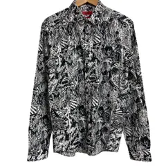 美品 HUGO BOSS ヒューゴ ヒューゴボス エクストラスリムフィット 総柄 ロングスリーブ シャツ サイズM ブラック×ホワイト メンズ 古着 中古 USED
