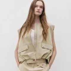 ZARA ザラ ZWコレクション オーバーサイズ ボリュームベスト ジップアップ ジップベスト ポケット 無地 ベージュ レディース
