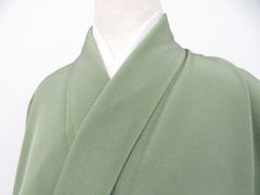 6k1259 着物 正絹 単衣 色無地 作家物 一つ紋 家紋 緑 無地 和装