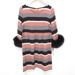 良品 GRACE CONTINENTAL グレースコンチネンタル ボーダー柄 袖ファー ミニ丈 ボートネック ワンピース 38 ピンク レディース 古着 中古 USED