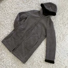 【冬物セール】 UNIQLO 千鳥格子柄ロングフーデットコート プリントファーリーフリースコート 161313 2015年製 フルジップ 裏地ボア レディースMサイズのサムネイル