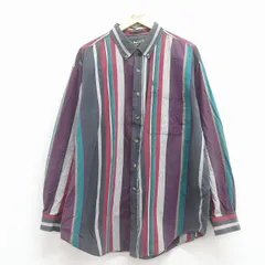 XL/古着 長袖 シャツ メンズ 90年代 90s ワンポイントロゴ ロング丈 コットン ボタンダウン グレー他 ストライプ 26jan22