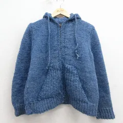 M/古着 長袖 フルジップ ニット カーディガン パーカー メンズ 70年代 70s 無地 紺 霜降り 26jan22