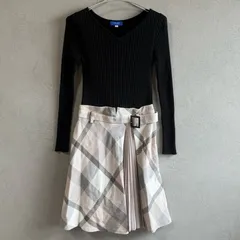 ブルーレーベルクレストブリッジ チェックリリヤーンツイードワンピース プリーツ ベルト ドッキングワンピース 長袖 黒