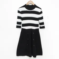美品 BLUE LABEL CRESTBRIDGE ブルーレーベルクレストブリッジ ボーダー 切替 五分袖 ひざ丈 ニットワンピース 38 ブラック×ホワイト レディース 古着 中古 USED