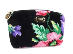 ■極美品■ FEILER フェイラー コットン フラワー 花柄 マルチポーチ マルチケース 小物入れ ブラック系×マルチカラー DM2255