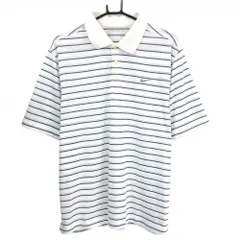 【美品】ナイキ 半袖ポロシャツ 白×ブラウン×ライトブルー ボーダー  メンズ XXL ゴルフウェア NIKE