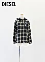 DIESEL フード付きチェックシャツ XS ～S相当 ブラック ベージュ リヨセル100% ロゴプリント バックプリント レディース シャツジャケット フーディー ライトアウター ストリート ディーゼル