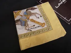 ■美品■ LANCEL ランセル シルク100% 総柄 スカーフ ポケットチーフ レディース メンズ イエロー系×マルチカラー DM1342のサムネイル