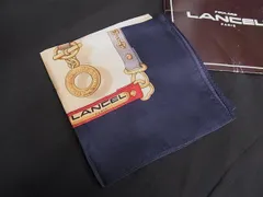 ■新品同様■ LANCEL ランセル シルク100% 総柄 スカーフ ポケットチーフ レディース メンズ ベージュ系×マルチカラー DM1343のサムネイル