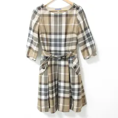 良品 BLUE LABEL CRESTBRIDGE ブルーレーベルクレストブリッジ チェック柄 ウール ベルテッド フレアワンピース サイズ36 ベージュ レディース 古着 中古 USED