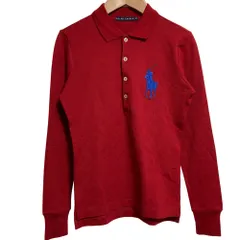 美品 RALPH LAUREN ラルフローレン ビッグポニー 鹿の子 ロングスリーブ ポロシャツ カットソー サイズM レッド レディース 古着 中古 USED