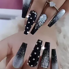 ギャルネイル ネイルチップ ロング ブラック シルバー グリッター ストーン 韓国 付け爪　b-332
