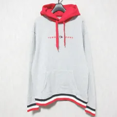 美品 TOMMY JEANS トミージーンズ トミーヒルフィガー ロゴ スウェットフーディ プルオーバー パーカー S グレー レッド メンズ 古着 中古 USED