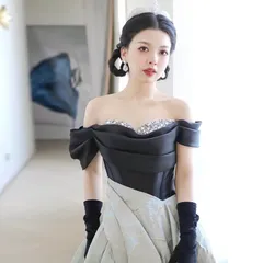 ドレス 結婚式 披露宴 演奏会 イブニングドレス  パーティードレス  ロングドレス オフショルダー バックリボンタイプ Aライン