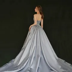 ドレス 結婚式 披露宴 演奏会 イブニングドレス  パーティードレス  ロングドレス オフショルダー バックオープン バックリボンタイプ Aライン ブルー