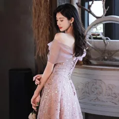 ドレス 結婚式 披露宴 演奏会 イブニングドレス  パーティードレス  ロングドレス オフショルダー ワンショルダー バックリボンタイプ  Aライン キラキラ ピンク