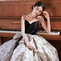 ドレス 結婚式 披露宴 演奏会 イブニングドレス  パーティードレス  ロングドレス  オフショルダー  バックリボンタイプ  Aライン ブラック