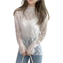 【REG8】花柄 ブラウス ハイネック シースルー 刺繍 シア― シャツ 韓国 人気 長袖 トップス 総レース (M, ホワイト) 