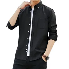 【REG8】メンズ シャツ 長袖 シャツ ゆったり シンプル 無地 カジュアル フォーマル ボタンダウン ブラック ネイビー ホワイト M L XL (JP, アルファベット, XL, ブラック) 