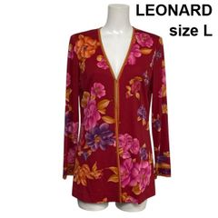 Leonard 花柄 長袖チュニック 赤 レオナール シルク100%花柄ロングワンピース赤Lリボンドレスフェミニン
