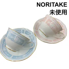 美品 ノリタケ NORITAKE カップアンドソーサー ペア レースウッドゴールド 縁に金彩 2客セット 白 ピンク 水色 磁器 Z6B172