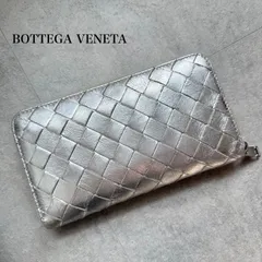 BOTTEGA VENETA ボッテガヴェネタ ラウンドファスナー長財布  マキシイントレチャート カーフレザー シルバー ロングウォレット　a13
