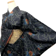 大島紬　小紋　花模様　抽象花模様　泥染　着物　014b p