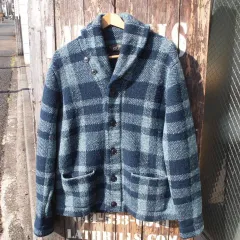 RRL DOUBLE RL ダブルアールエル インディゴ ブロックチェック ショールカラー ウール ニットジャケット カーディガン US-Mのサムネイル
