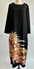 黒留袖リメイク　金色装飾　ロングワンピース　L〜LLサイズ　豪華黒留袖　駒刺繍　御所車吉祥花文　暈し染め　金彩　正絹　逸品