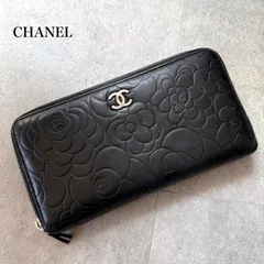 CHANEL シャネル カメリア ココマーク ラウンドファスナー長財布 ブラック 黒 シルバー金具 レザー ロングウォレット　a14