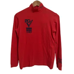 新品同様 PEARLY GATES パーリーゲイツ ロゴプリント 長袖 ハイネック シャツ カットソー ゴルフウェア サイズ1 レッド レディース 古着 中古 USED