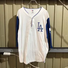2169 Majestic ロンT ホワイト ブルー L マジェスティック LA ドジャース ヘンリーネック ワンポイント 刺繍ロゴ 五分丈 野球 古着卸 アメリカ仕入
