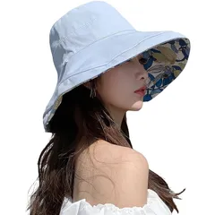 【新品】 [shefun] レディース 帽子 ボウシ ヒヤケボウシ 海 春 秋 紫外線カット 日焼け防止 11cm つば広 小顔効果 54-60cm 頭囲 両面着用 紐付き 折りたたみ 洗える 花柄 旅行 女性用帽子 JP276(水色) 0
